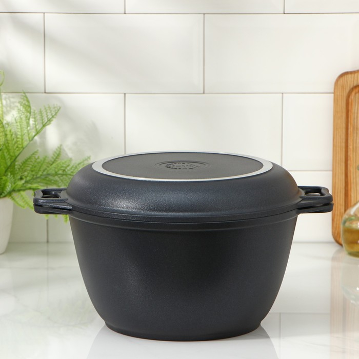 Казан &laquo;Традиция&raquo;, 4 л, крышка-сковорода, литые ручки, антипригарное покрытие, цвет чёрный