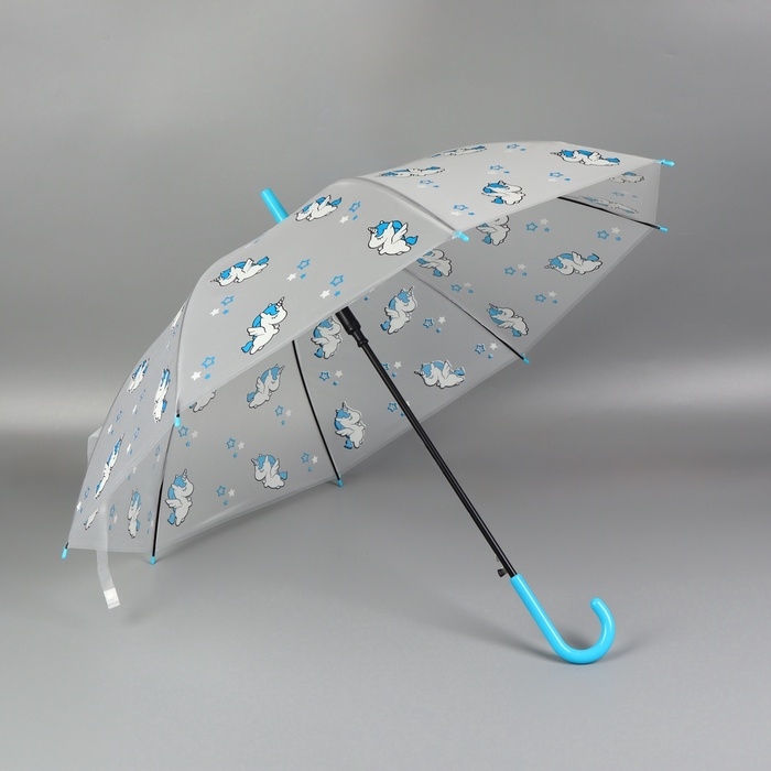 Зонт - трость полуавтоматический &laquo;Единороги&raquo;, 8 спиц, R = 45/54 см, D = 108 см, цвет прозрачный/белый/голубой