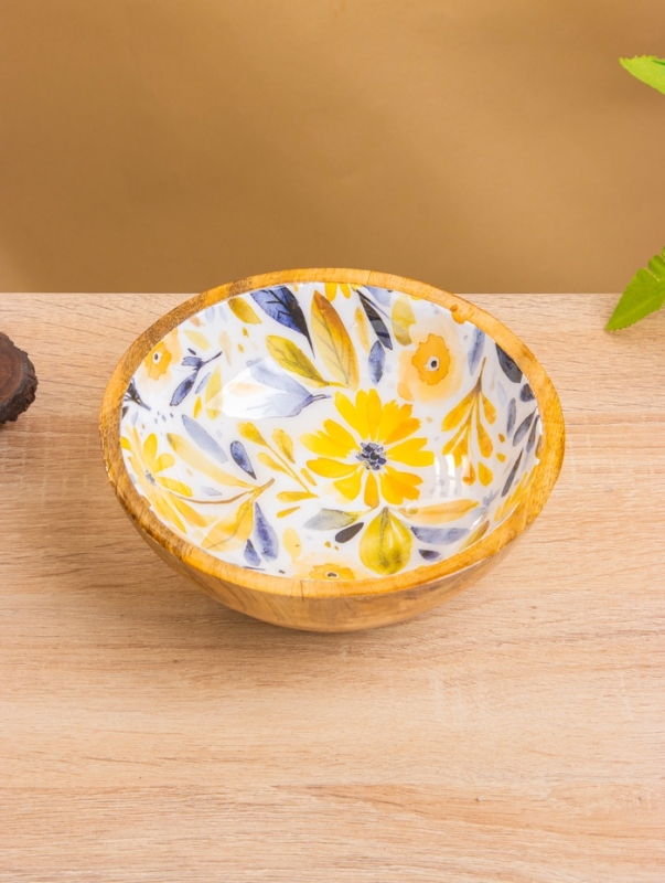 Миска "Желтые и синие цветы" дерево манго 17,5х17,5х6,5 см