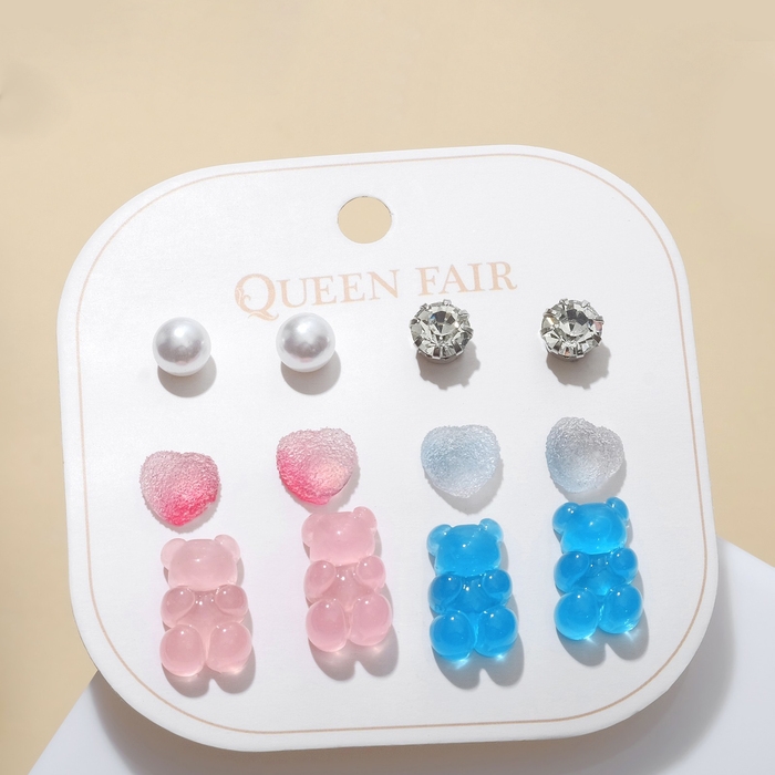 Пусеты 6 пар &laquo;Ассорти&raquo; мишки и сердечки, цвет розово-голубой в серебре