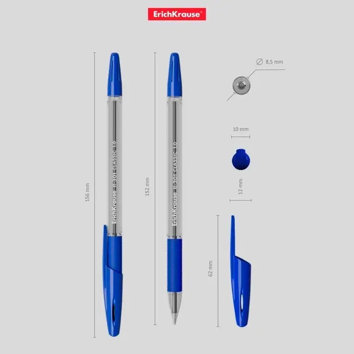 Ручка шариковая ErichKrause R-301 Classic Stick & Grip, узел 1.0 мм, синяя, с резиновым держателем, мягкое и комфортное письмо