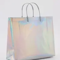 Пакет подарочный ПВХ, голография, серебро, пластикова ручка, 32&times;28&times;11 см