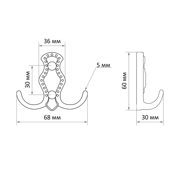 Крючок мебельный ТУНДРА TKD023, двухрожковый, золото, 4 шт TMP