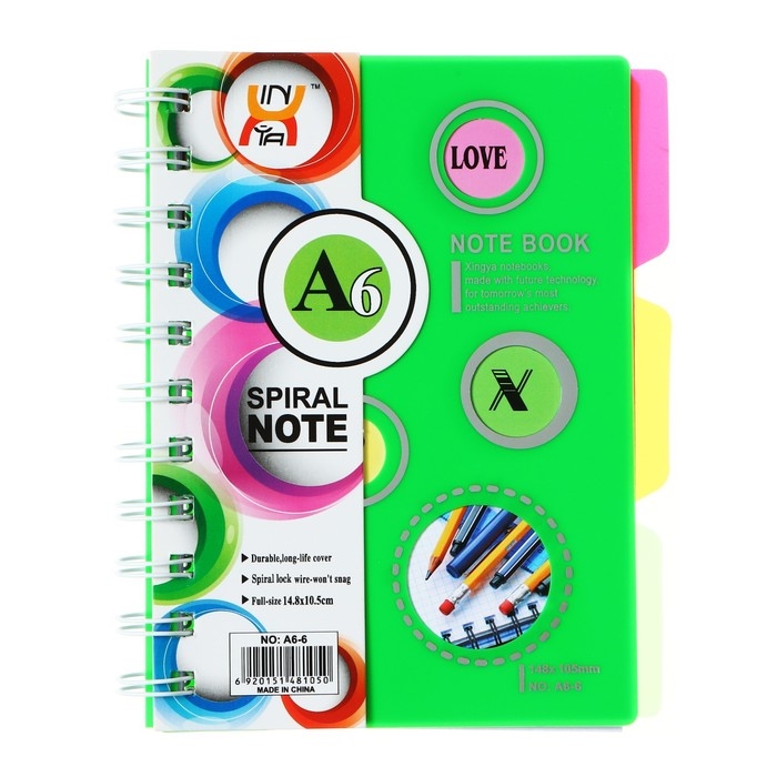 Блокнот на гребне А6, 100 листов, линия, обложка пластик, с разделителями, Ассорти МИКС