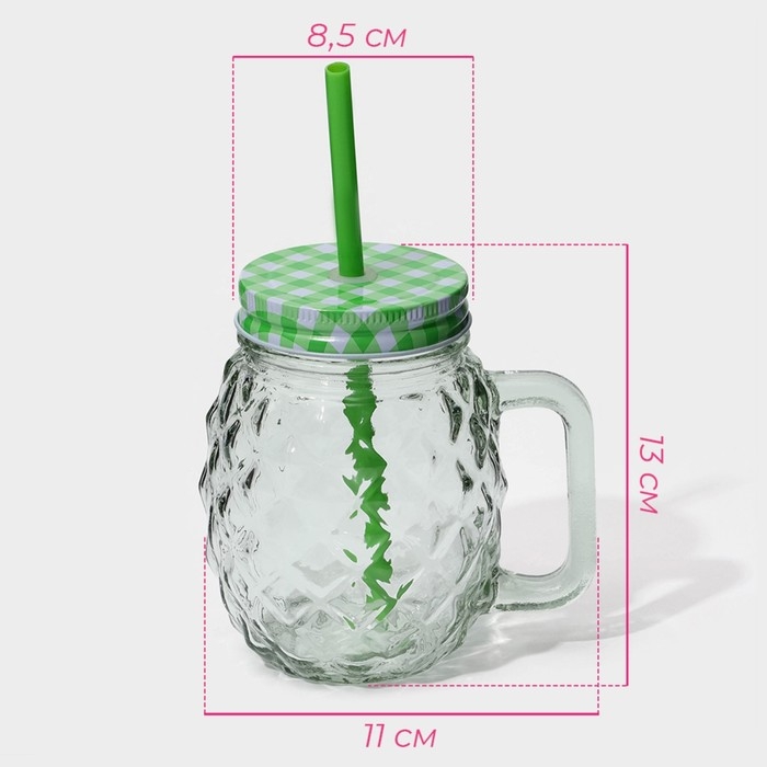 Кружка стеклянная с крышкой и трубочкой Доляна &laquo;Ананас&raquo;, 500 мл, 11&times;8,5&times;13 см, цвет МИКС