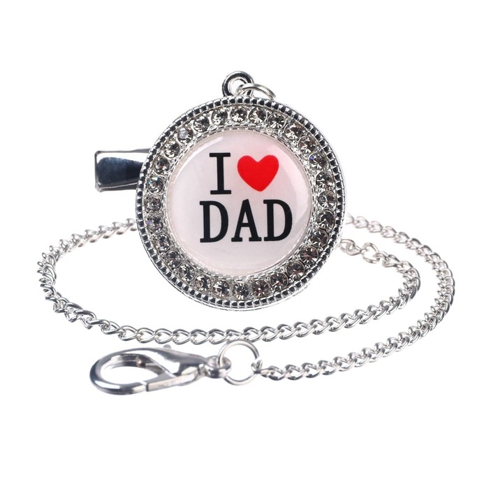 Соска - пустышка силиконовая ортодонтическая &laquo;I LOVE DAD&raquo;, от 6 мес., с колпачком + держатель - цепочка, цвет серый/серебро, стразы