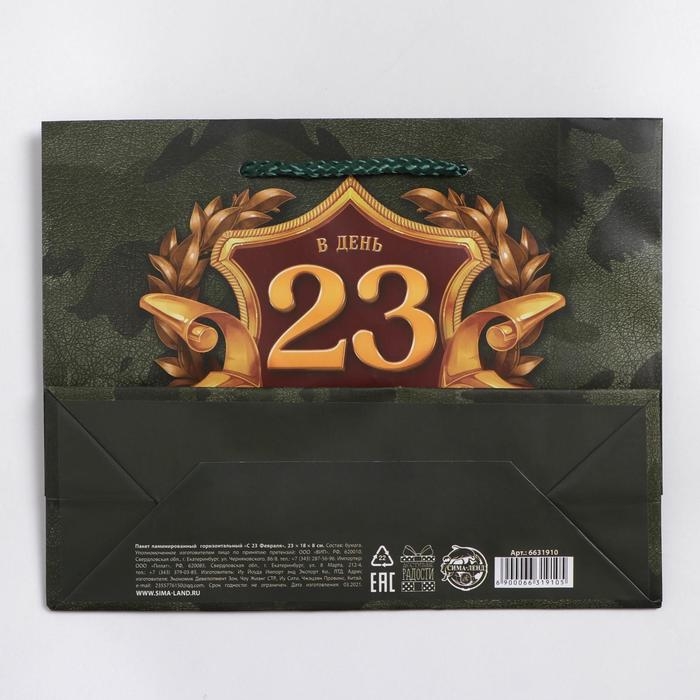 Пакет подарочный ламинированный горизонтальный, упаковка, &laquo;С 23 февраля&raquo;, MS 23 х 18 х 8 см
