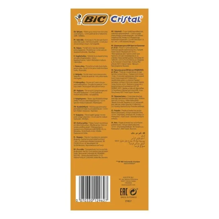Ручка шариковая, чернила синие, 1.0 мм, среднее письмо, прозрачный корпус, BIC Cristal Original