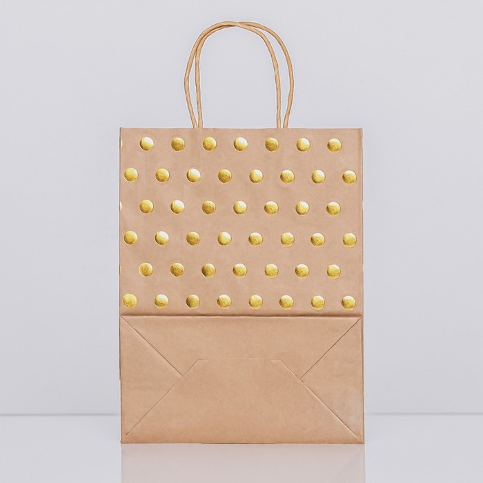 Пакет крафт с золотым тиснением, круглая ручка, 27 х 21 х 11 см, 120 г