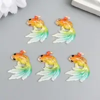 Декор для творчества пластик "Рыбка оранж с зелёно-голубым хвостом" с золотом 2,5х3 см