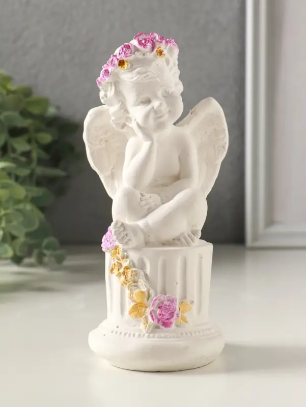 Фигурка гипс &laquo;Ангел на тумбе с цветами&raquo;, 15&times;7 см, белый с росписью