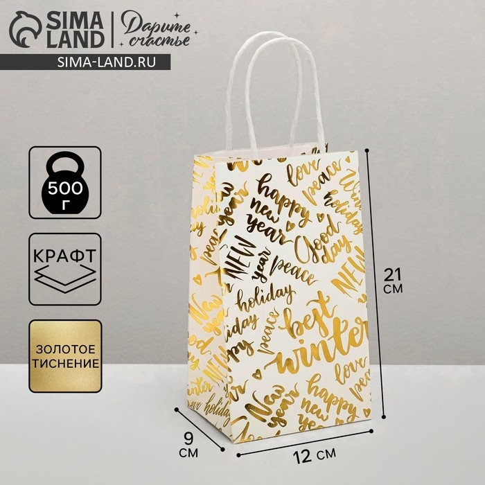 Пакет подарочный новогодний крафтовый &laquo;Best winter&raquo;, 12 х 21 х 9 см, Новый год