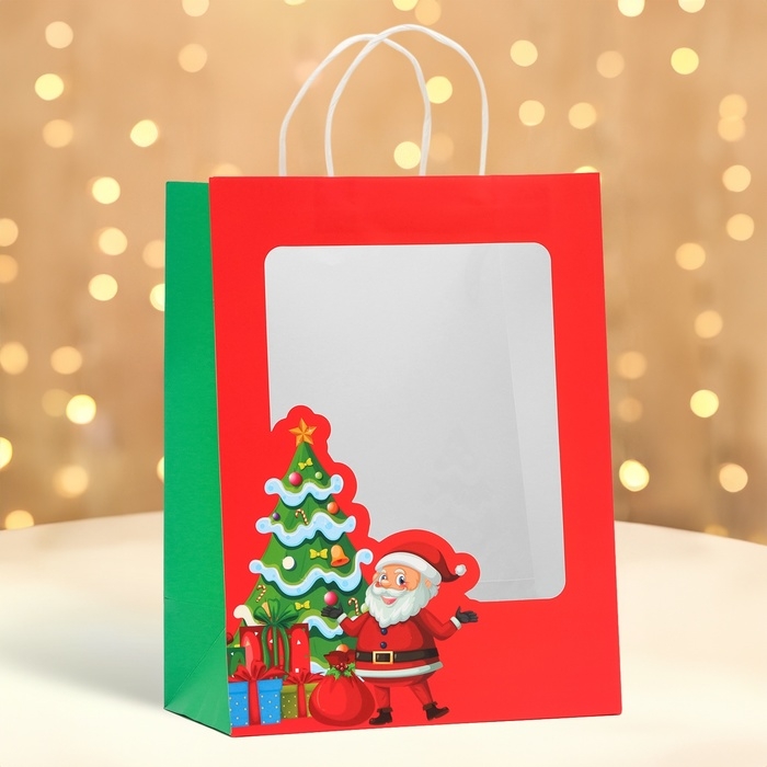 Пакет подарочный новогодний с окном "Дед Мороз" 26 х 35 х 16 см.