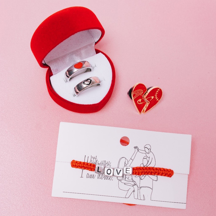 Набор колец 2 штуки &laquo;Неразлучники&raquo; сердца, цвет чёрно-красный в серебре, размер 17