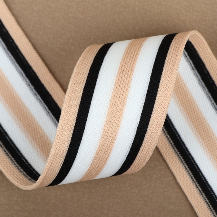 Тесьма трикотажная лампас 40 мм, 9,1 &plusmn; 0,5 м, цвет бежевый/чёрный/белый