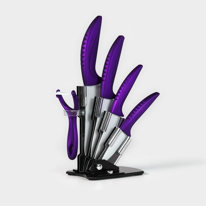 Набор кухонный &laquo;Изгиб&raquo;, 5 предметов: ножи 7,5 см, 10 см, 13 см, 15 см, овощечистка, на подставке, цвет фиолетовый