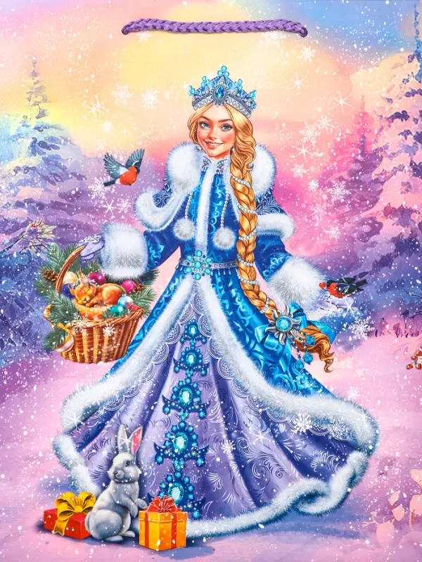 Пакет подарочный новогодний ламинированный, &laquo;Снегурочка и зайчик&raquo; , 26&times;12&times;32 см