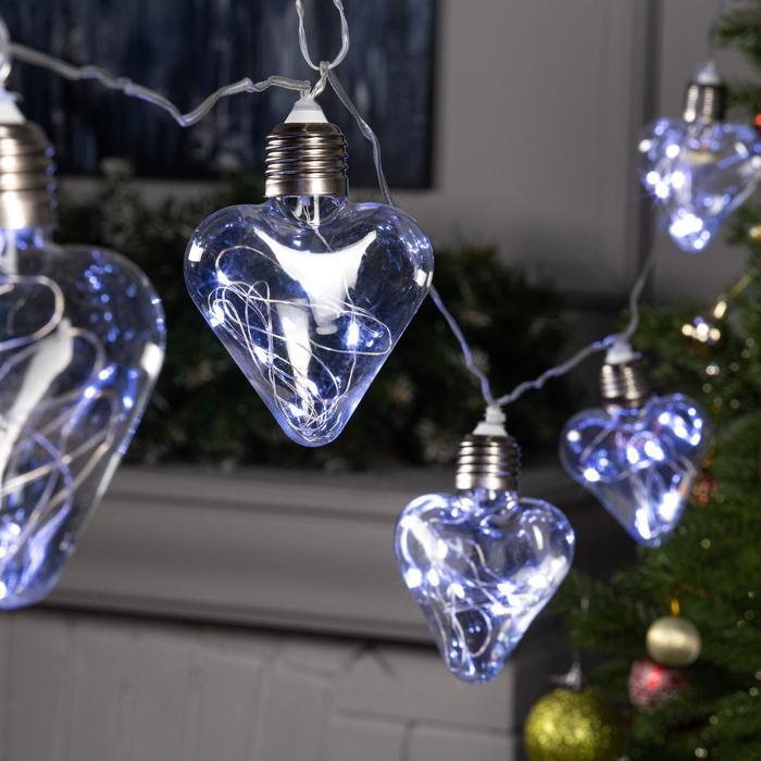 Гирлянда &laquo;Нить&raquo; 3 м с насадками &laquo;Лампочки сердца&raquo;, IP20, прозрачная нить, 80 LED, свечение белое, 8 режимов, 220 В