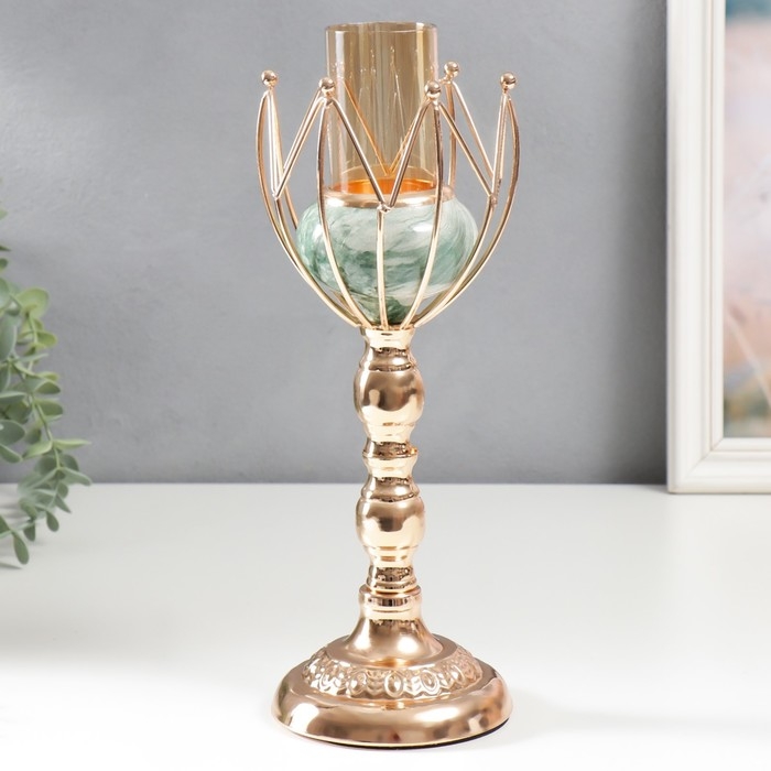 Подсвечник металл на 1 свечу "Бутон. Бело-зелёный мрамор" золото 29х11х11 см