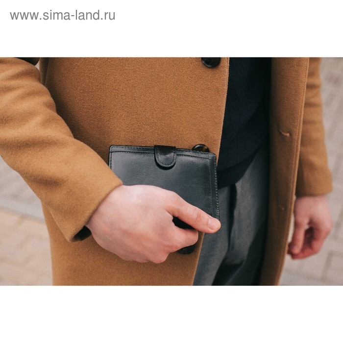 Портмоне мужское на кнопке, 3 в 1, для автодокументов и паспорта, 2 отдела, для карт, для монет, цвет чёрный