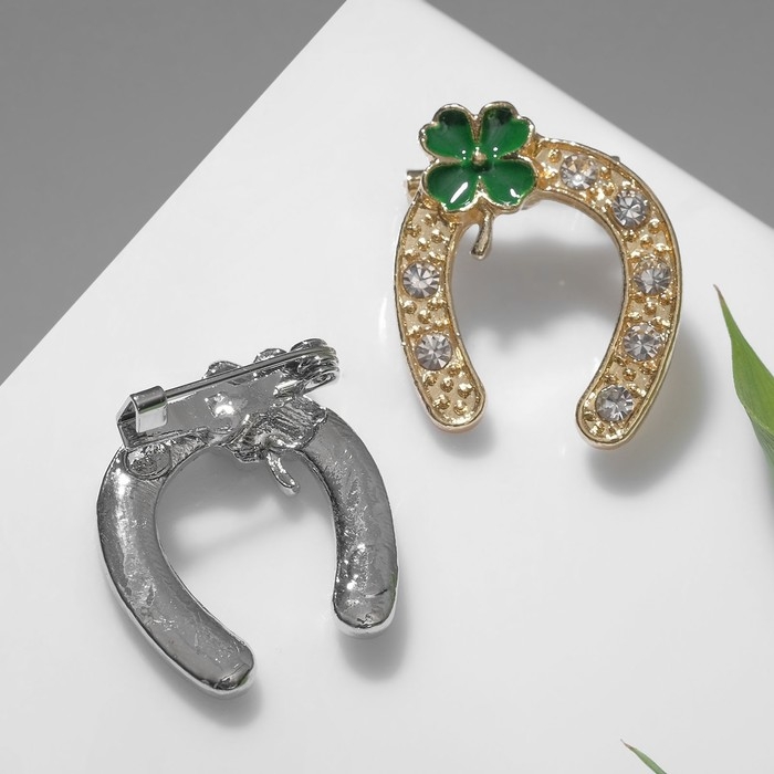 Брошь &laquo;Подкова&raquo; на удачу с клевером, цвет МИКС (неделимая фасовка 12 шт., цена за шт.)