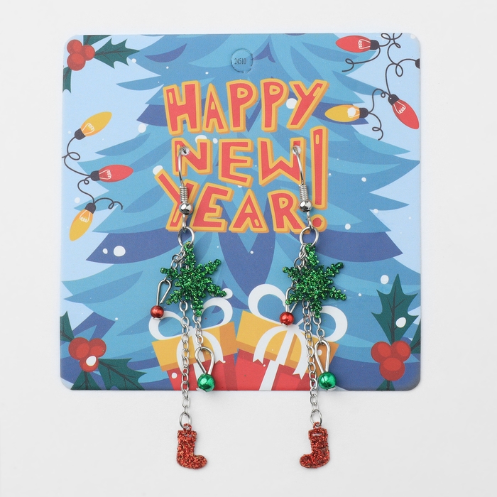 Новый год! Серьги &laquo;Новогодние&raquo; висячие, снежинка на цепочке, цвет красно-зелёный в серебре