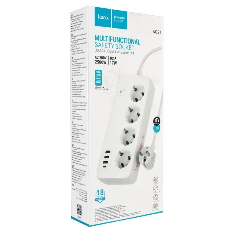 Сетевой фильтр AC21 1.5м 4 розетки 3 USB Type-C PD17W HOCO White