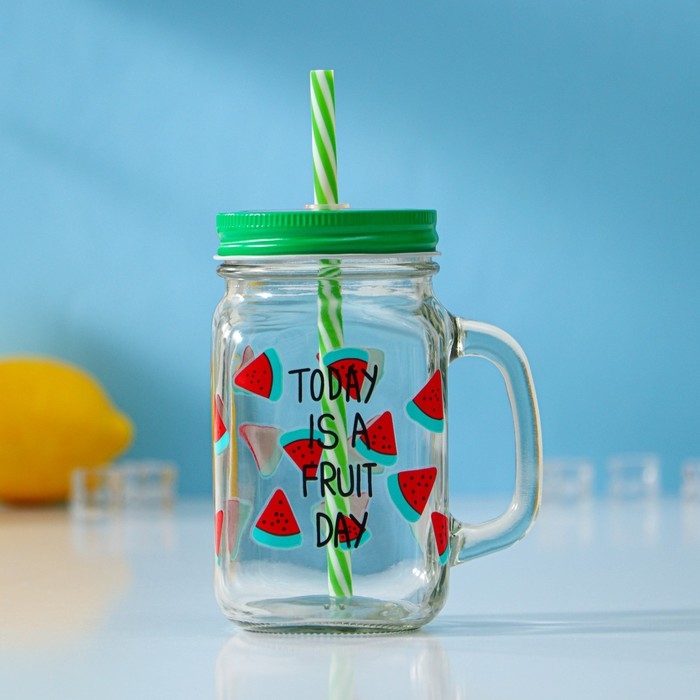 Банка стеклянная с крышкой и трубочкой Доляна &laquo;Счастливый день&raquo;, 450 мл, 10,5&times;7,5&times;13 см, цвет МИКС