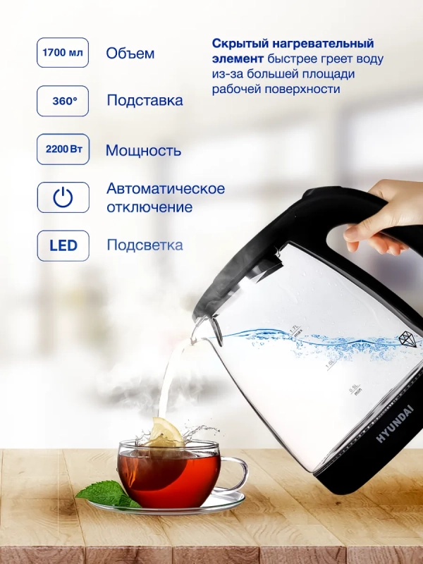 Чайник HYK-G1001 1,7л 2200Вт черный (стекло)