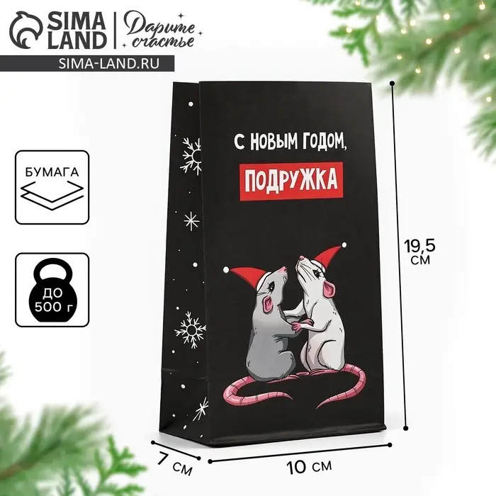 Пакет подарочный без ручек &laquo;С Новым годом, подружка&raquo;, 10&times;19.5&times;7 см