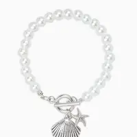 Набор 2 пред-та: бусы.браслет "Жемчуг", ракушка вонголе, цвет белый в серебре L=18/42см №8   1093654