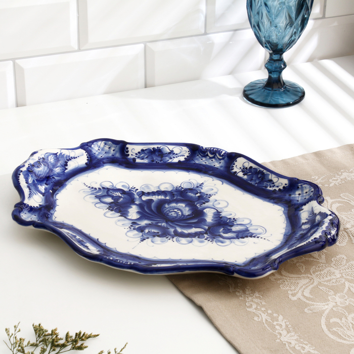 Поднос большой, гжель, фарфор, 36х26 см