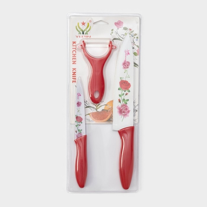 Набор кухонных принадлежностей Доляна &laquo;Нарцисс&raquo;, 3 предмета: 2 ножа с антиналипающим покрытием, лезвие 12 см, овощечистка, 20&times;4 см, цвет красный