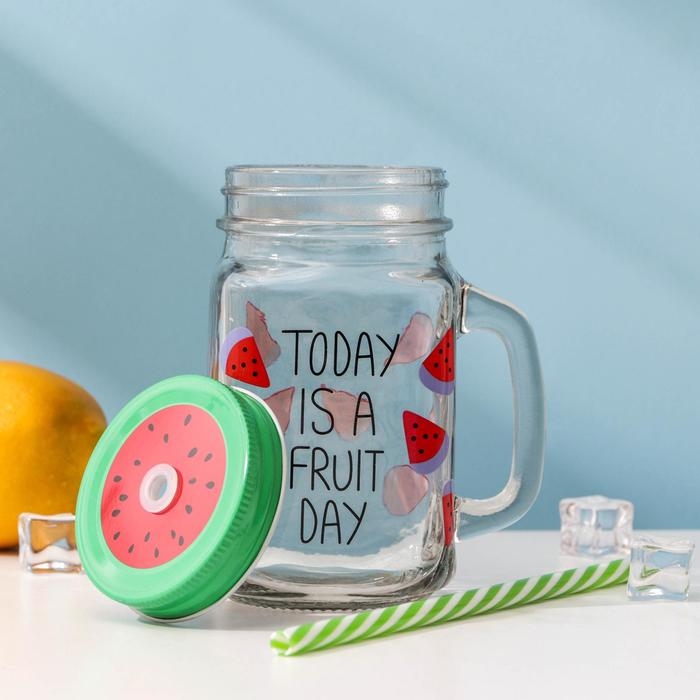 Банка стеклянная с крышкой и трубочкой Доляна &laquo;Счастливый день&raquo;, 450 мл, 10,5&times;7,5&times;13 см, цвет МИКС