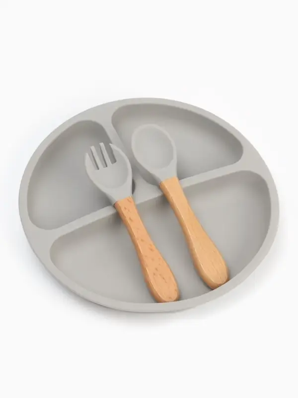 Тарелка детская секционная с ложкой и вилкой, 3 секции, серый, Mum&Baby