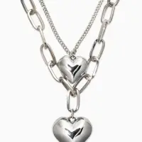 Кулон на цепочке крупное вытянутое звено 2 яруса "Сердечки", цвет серебро