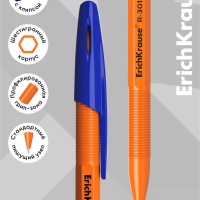 Ручка шариковая ErichKrause R-301 Orange Stick, узел 0.7 мм, чернила синие, длина линии письма 2000 метров, штрихкод на ручке