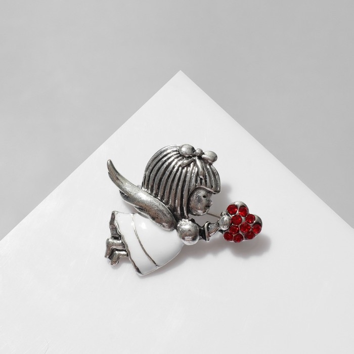 Брошь &laquo;Купидон&raquo; девочка, цвет красно-белый в чернёном серебре