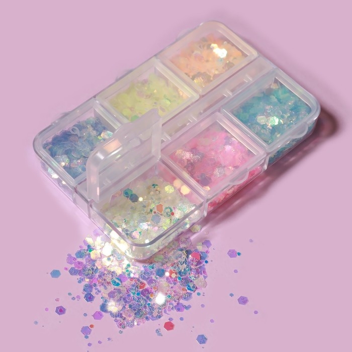 Пайетки для декора ногтей, 6 ячеек, разноразмерные, светятся в темноте, разноцветные