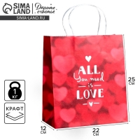 Пакет подарочный крафт, упаковка, &laquo;All you need is love&raquo;, 22 х 25 х 12 см
