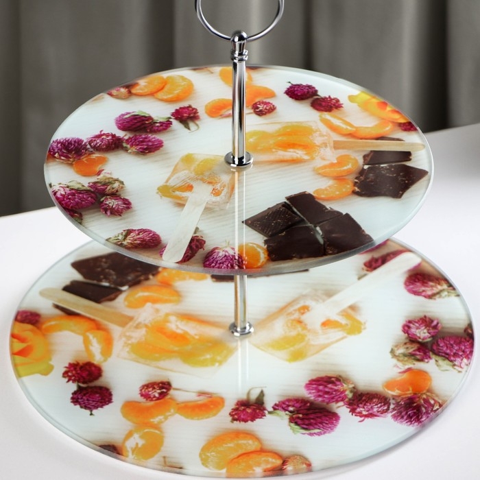 Фруктовница стеклянная 2-х ярусная Доляна &laquo;Фруктовый лёд&raquo;, d=25/20 см ㅤ