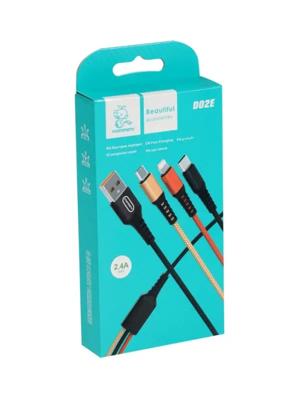 Кабель D02E, 3 в 1, Type-C-microUSB-Lightning, 1.2 м, зарядка+передача данных, чёрный