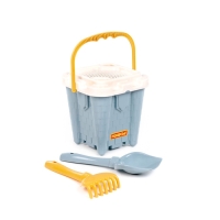 Песочный набор игрушек, 4 предмета: ведро-замок, ситечко, лопатка, грабельки, серо-голубой