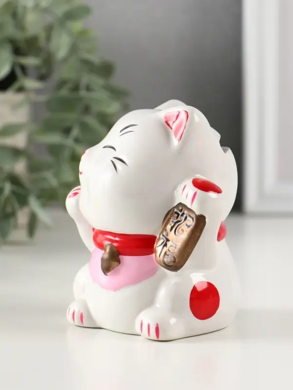 Копилка керамика "Манэки-нэко - иероглиф удача" розовый 7,2х8,3х10 см