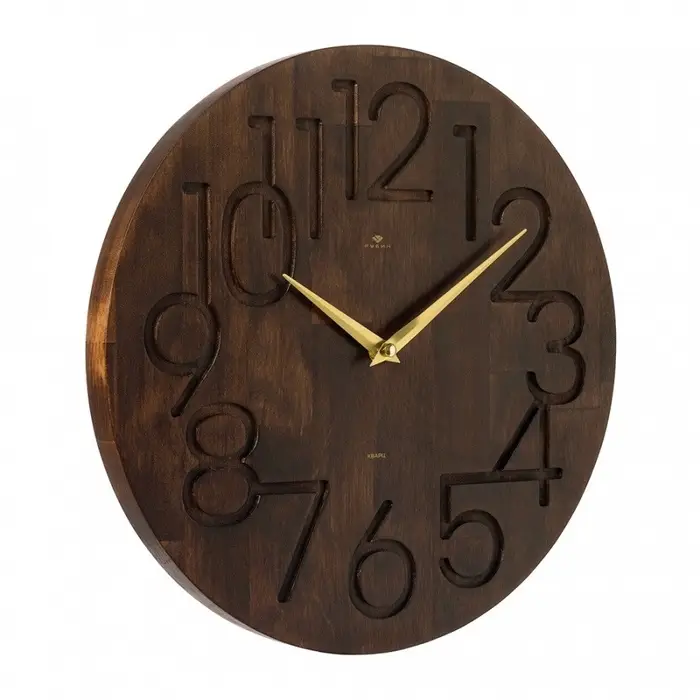 Часы настенные, интерьерные, бесшумные, d-35 см, дерево, открытые, темный циферблат