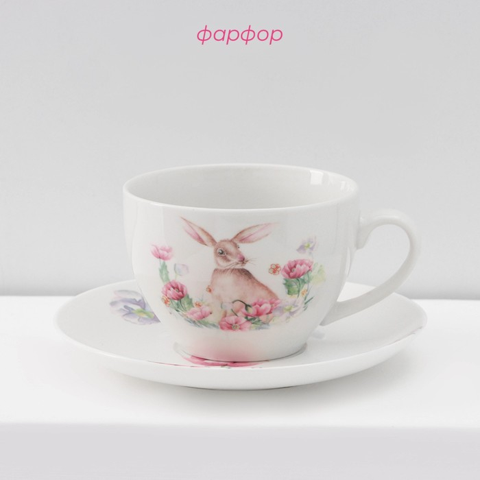 Сервиз фарфоровый чайный Доляна &laquo;Зайка&raquo;, 12 предметов: 6 чашек 250 мл, 6 блюдец d=15 см, цвет белый