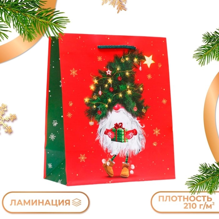 Новый год. Пакет подарочный "Маленький гном", 18 х 22,3 х 10 см.
