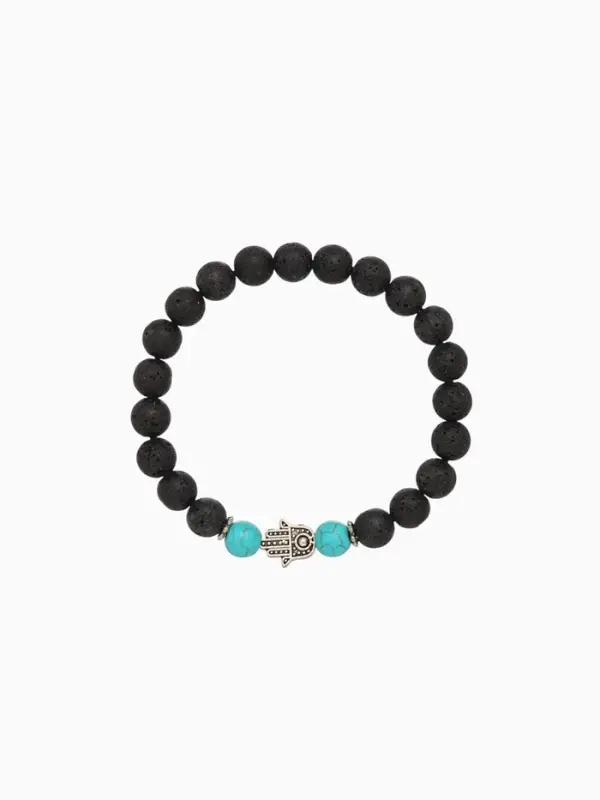 Браслет "Хамса" камень пирит, лава, длина 18 см, цв. чёрный, бирюзовый