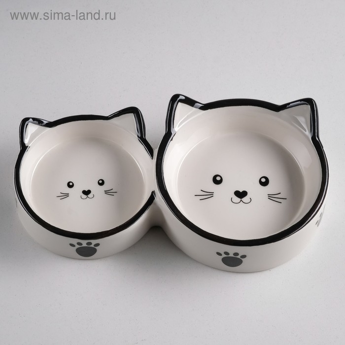 Миска керамическая "Кошачье семейство" 40/60 мл  двойная 19 х 10,5 х 3,5 см, бело-чёрная