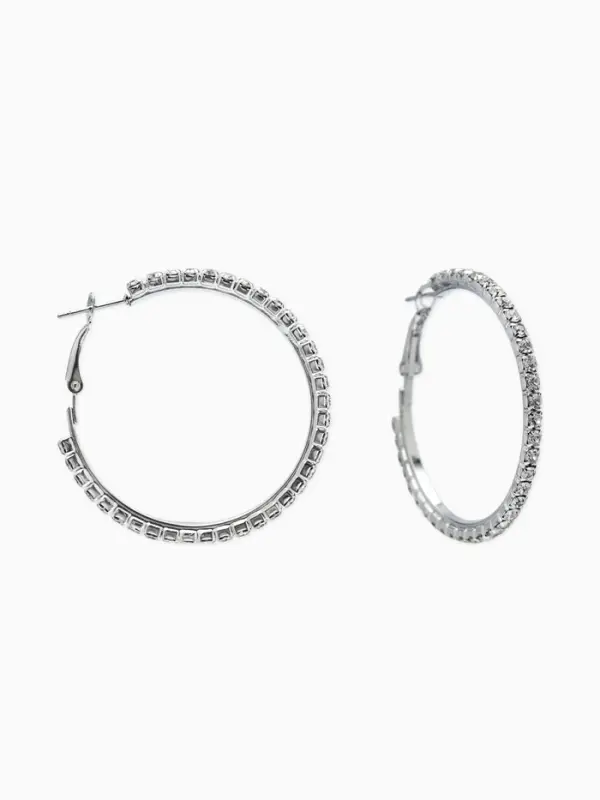 Серьги-кольца со стразами d=4.5 см, белые в серебре